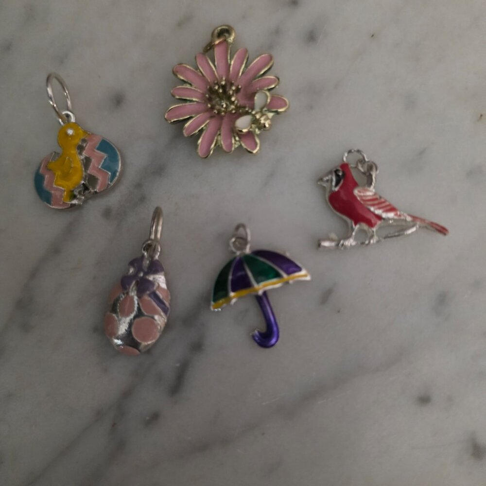 Spring Charm Lot Easter Flower Umbrella Bird Enamel Pendant Set 5 - Picture 3 of 5